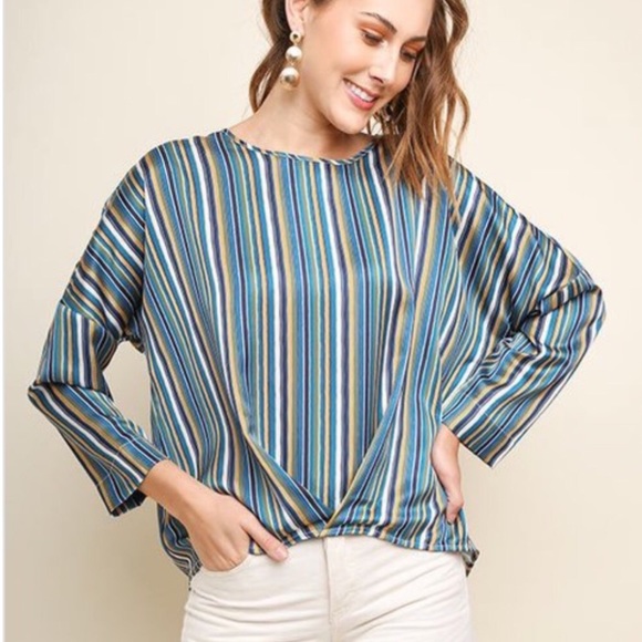 Umgee Teal Satin Hi Low Striped Top, S-M - Picture 2 of 8